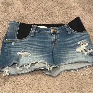 Distressed Denim Shorts with Black Waistband